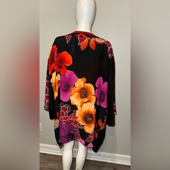 CAMILLA “Midnight Poppy” black floral silk short boho kimono caftan OS no belt - Picture 8 of 11